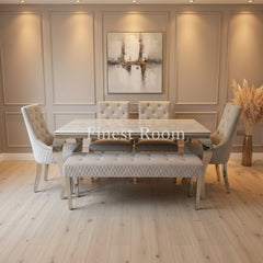 White Louis Dining Table With Silver Majestic Chairs and Bench