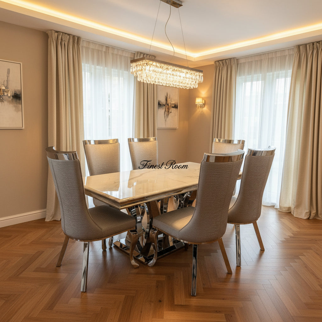 White Charisma Table With Silver Samantha Chairs