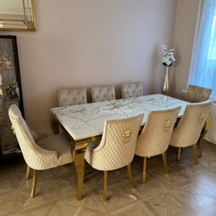 Kata Gold Louis Dining Table With Mink Gold Majestic Lion Knocker Chairs