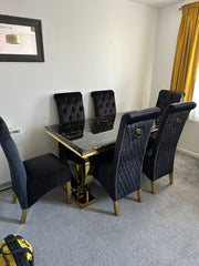 Black Gold Ariana Dining Table With Black Gold Sqaure Knocker Sofia Chairs