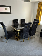 Black Gold Ariana Dining Table With Black Gold Sqaure Knocker Sofia Chairs