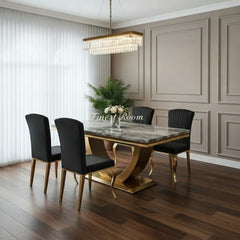 Arial Gold Dining Table With Cream/Black Gold Nicole Chairs