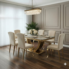 Arial Gold Dining Table With Cream/Black Gold Nicole Chairs