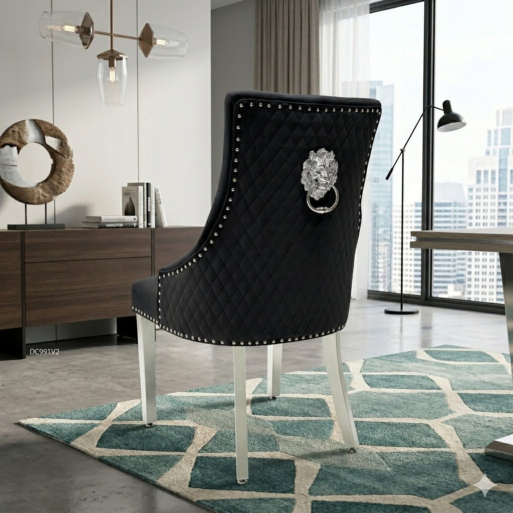 2 x Majestic Chrome Lion Knocker Dining Chairs - Mink, Black, Crushed Velvet, Dark Grey, Navy, Silver