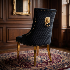 2 x Majestic Lion Knocker Dining Chairs- Black Gold, Green Gold, Grey Gold, Mink Gold, Navy Gold