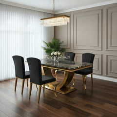 Arial Gold Dining Table With Cream/Black Gold Nicole Chairs