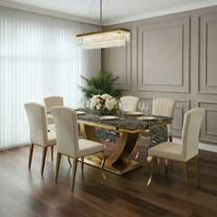 Arial Gold Dining Table With Cream/Black Gold Nicole Chairs