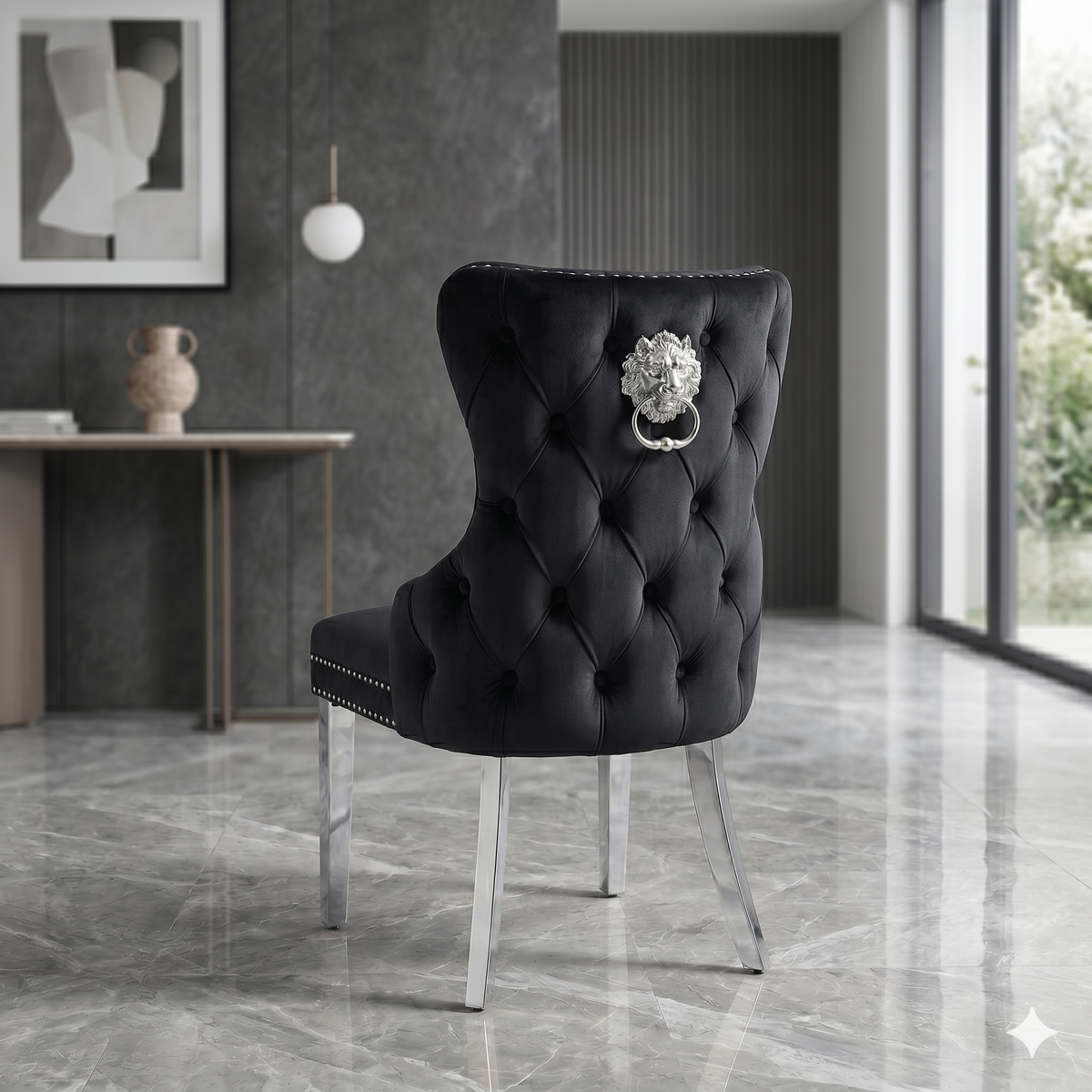 2 x Victoria Chrome Lion Knocker Chairs- Black Silver, Shimmer Silver