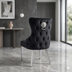 2 x Victoria Chrome Lion Knocker Chairs- Black Silver, Shimmer Silver