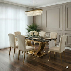 Arial Gold Dining Table With Cream/Black Gold Nicole Chairs