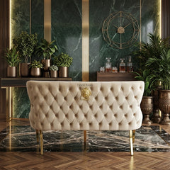 Victoria High Back Shimmer Fabric Bench- Cream Gold, Black Gold
