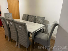 White Louis Dining Table With Dark Grey Sofia Chairs