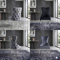 2 x Victoria Chrome Lion Knocker Chairs- Black Silver, Shimmer Silver