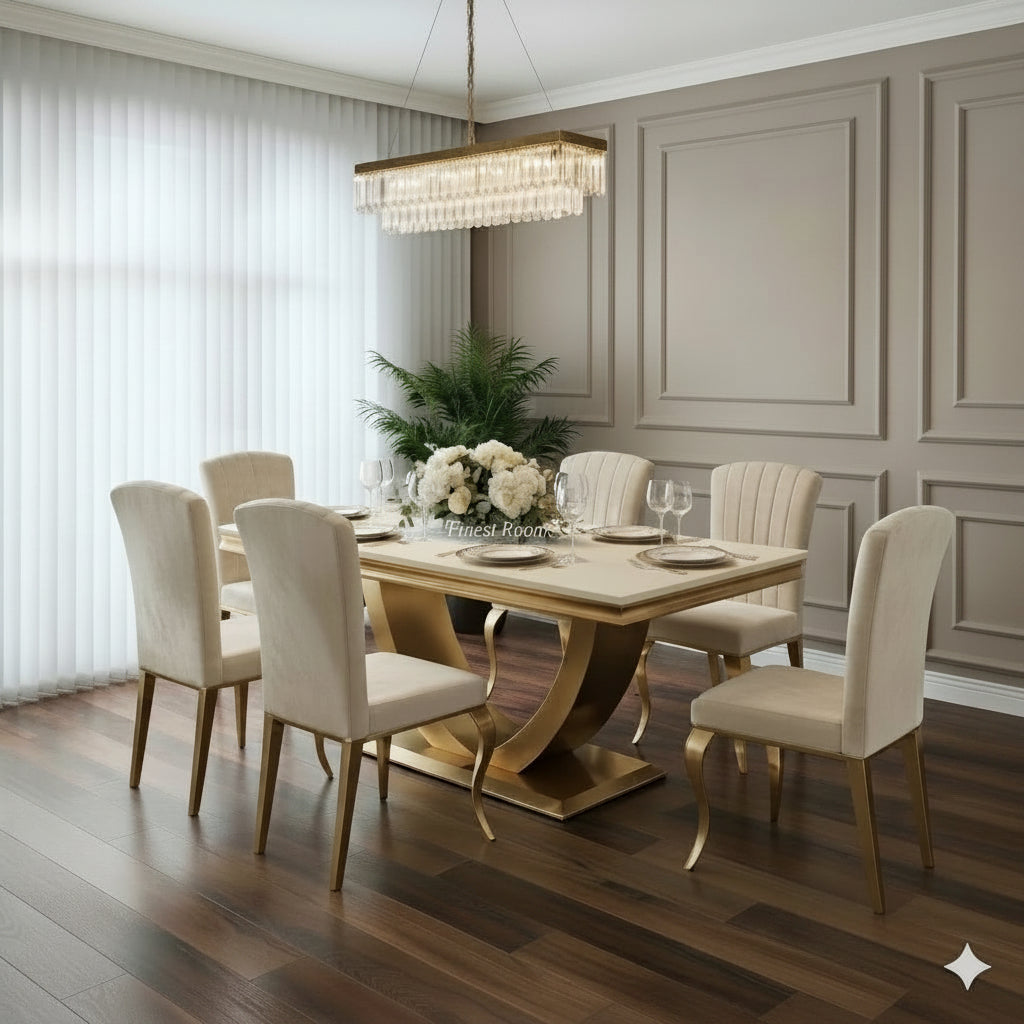 Arial Gold Dining Table With Cream/Black Gold Nicole Chairs