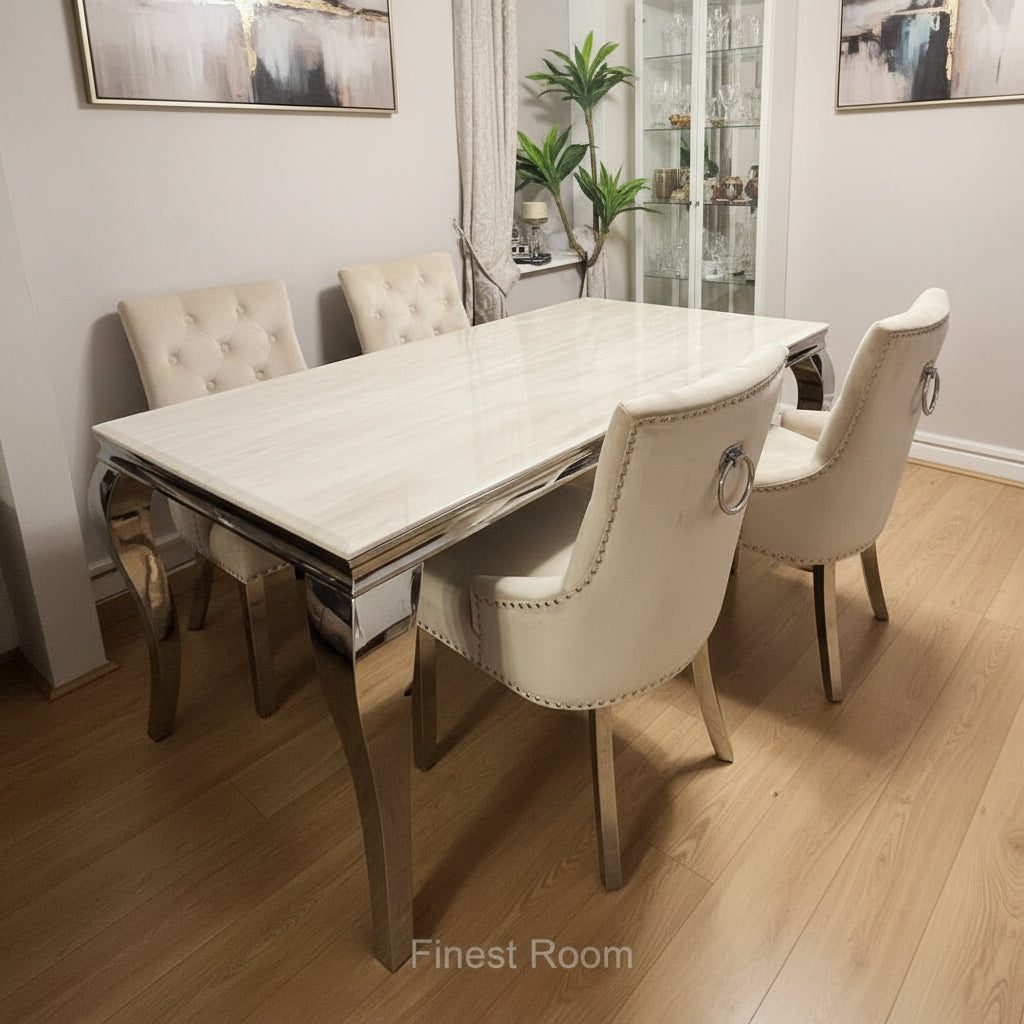 Cream Louis Chrome Dining Table with Mink Valencia Ring Knocker Chairs
