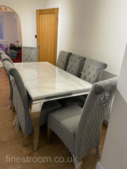White Louis Dining Table With Dark Grey Sofia Chairs