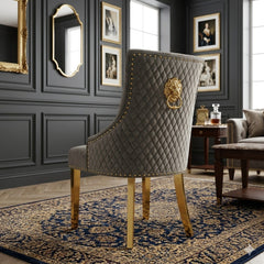 2 x Majestic Lion Knocker Dining Chairs- Black Gold, Green Gold, Grey Gold, Mink Gold, Navy Gold