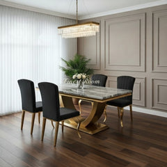 Arial Gold Dining Table With Cream/Black Gold Nicole Chairs