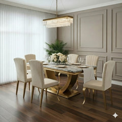 Arial Gold Dining Table With Cream/Black Gold Nicole Chairs