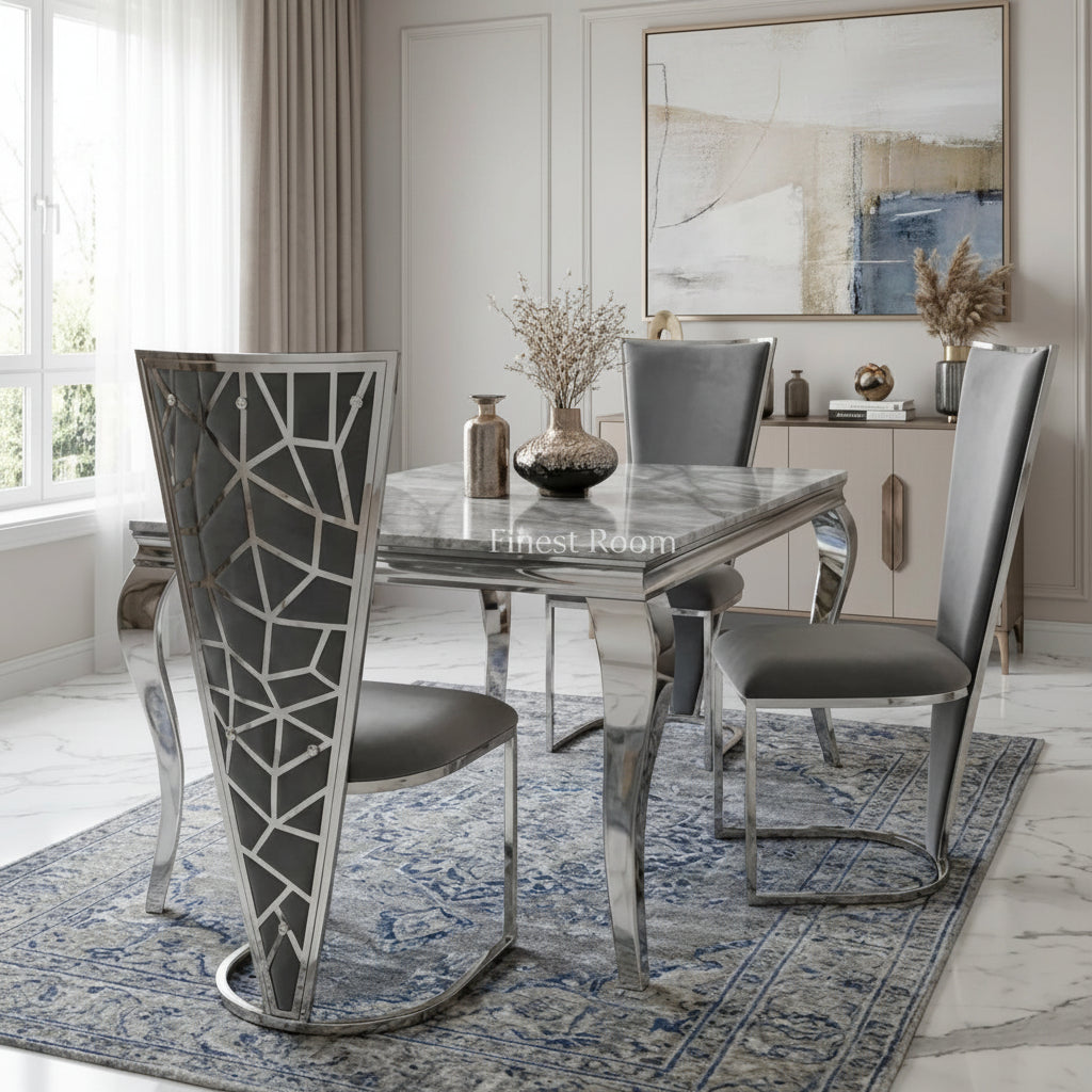 Grey Louis Chrome Dining Table With Grey Vienna Chairs