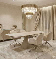 Gstaad Extendable Beige  Sintered Stone Dining Table With Gstaad Beige Dining Chairs