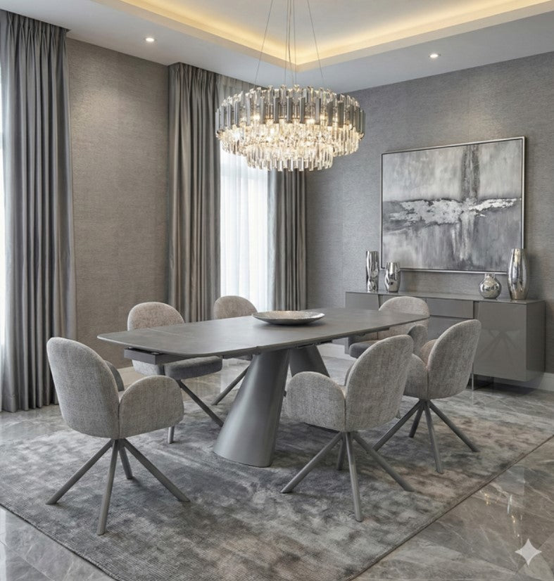 Gstaad Extendable Grey Sintered Stone Dining Table With Gstaad Grey Dining Chairs