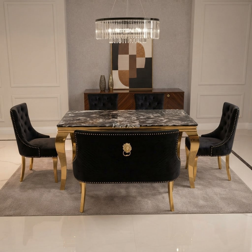 2m Black Gold Louis With 5 Black Gold Majestic Chairs and Black Gold High Back Majestic Bench