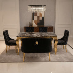 2m Black Gold Louis With 5 Black Gold Majestic Chairs and Black Gold High Back Majestic Bench