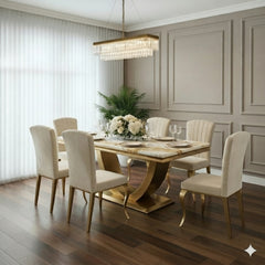 Arial Gold Dining Table With Cream/Black Gold Nicole Chairs