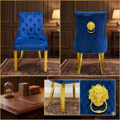 2 x Majestic Lion Knocker Dining Chairs- Black Gold, Green Gold, Grey Gold, Mink Gold, Navy Gold