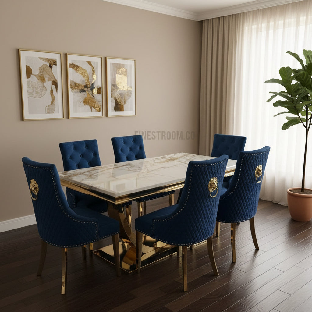 Kata Gold Arial Dining Table With Navy Majestic Chairs