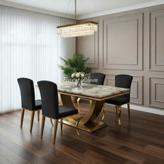 Arial Gold Dining Table With Cream/Black Gold Nicole Chairs