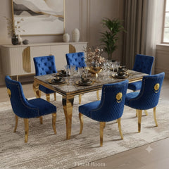 Louis Gold Dining Table With Navy Gold Majestic Chairs