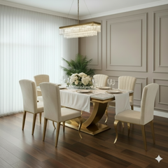 Arial Gold Dining Table With Cream/Black Gold Nicole Chairs